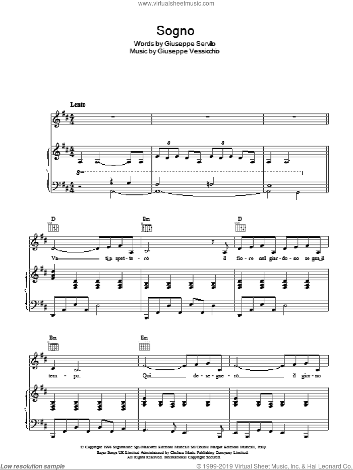 Sogno sheet music for voice, piano or guitar by Andrea Bocelli, Giuseppe Servillo and Giuseppe Vessicchio, classical score, intermediate skill level
