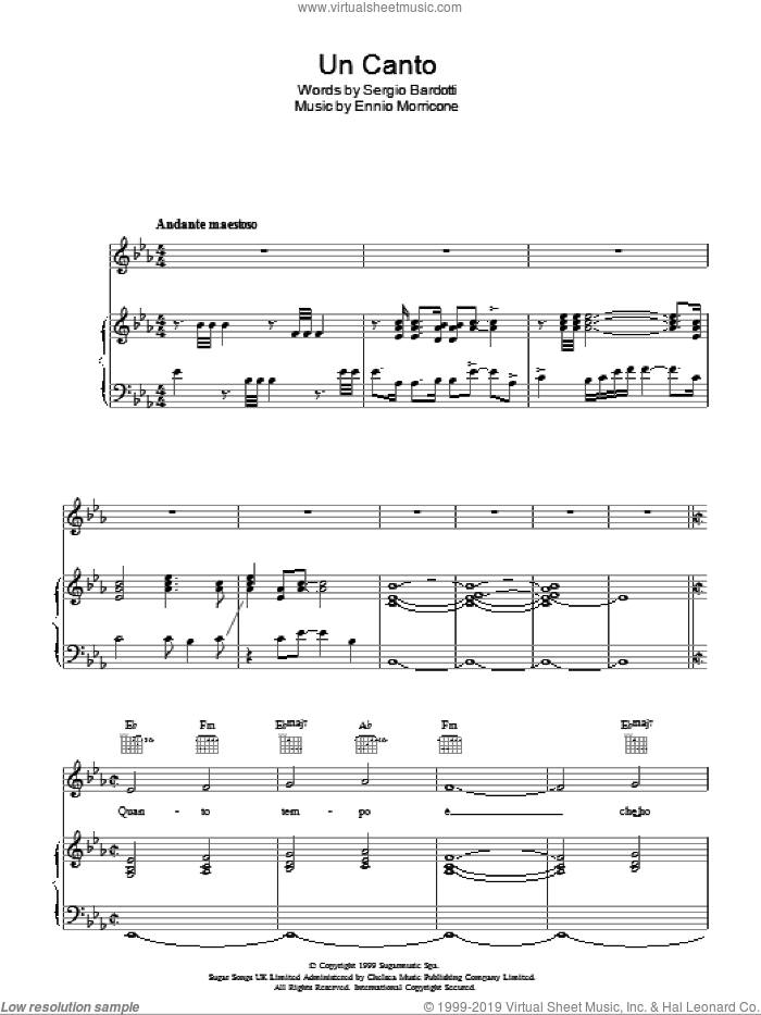 Un Canto sheet music for voice, piano or guitar by Andrea Bocelli, Ennio Morricone and Sergio Bardotti, classical score, intermediate skill level