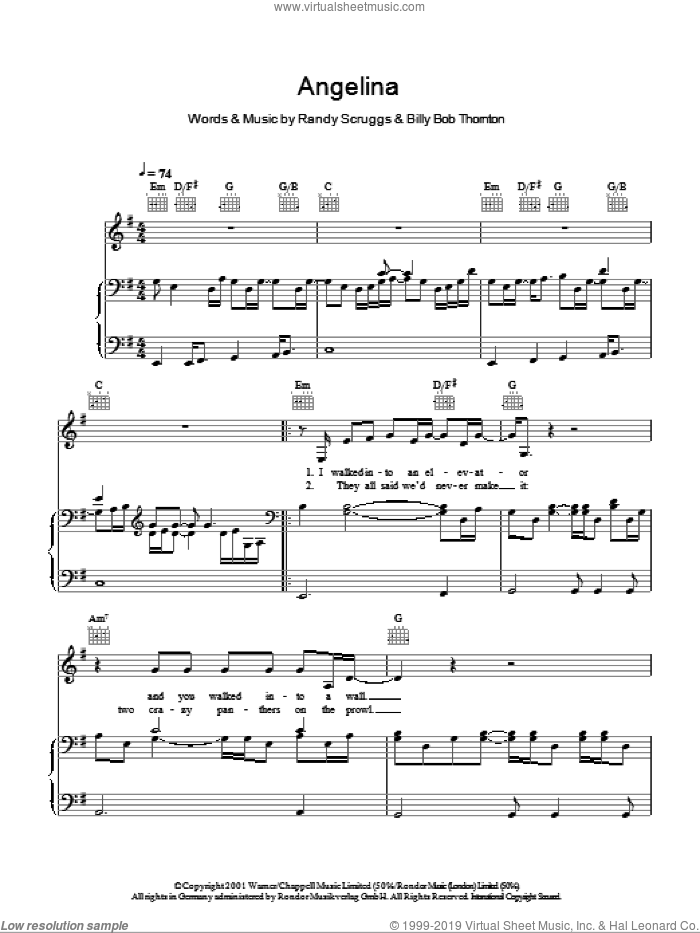 Angelina sheet music for voice, piano or guitar by Billy Bob Thornton and Randy Scruggs, intermediate skill level
