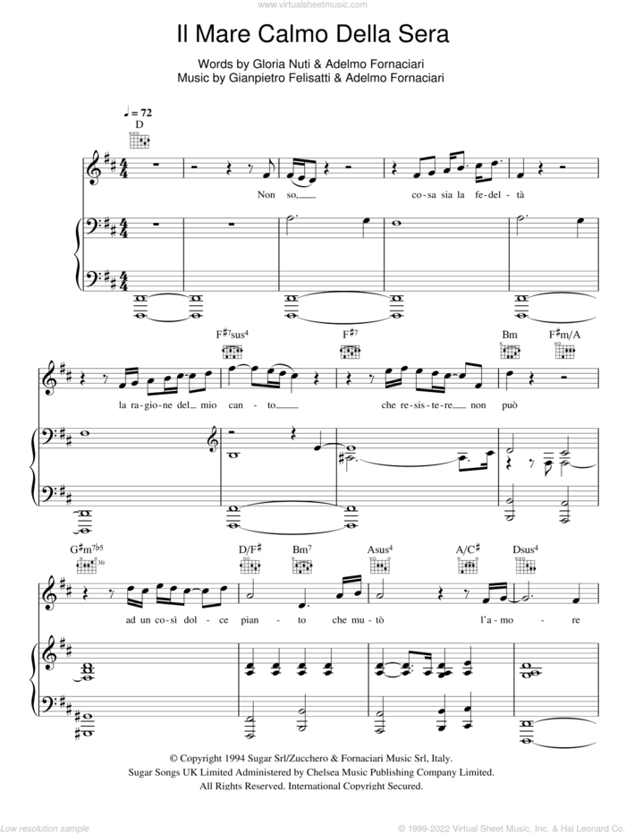 Il Mare Calmo Della Sera sheet music for voice, piano or guitar by Andrea Bocelli, Adelmo Fornaciari, Gianpietro Felisatti and Gloria Nuti, classical score, intermediate skill level