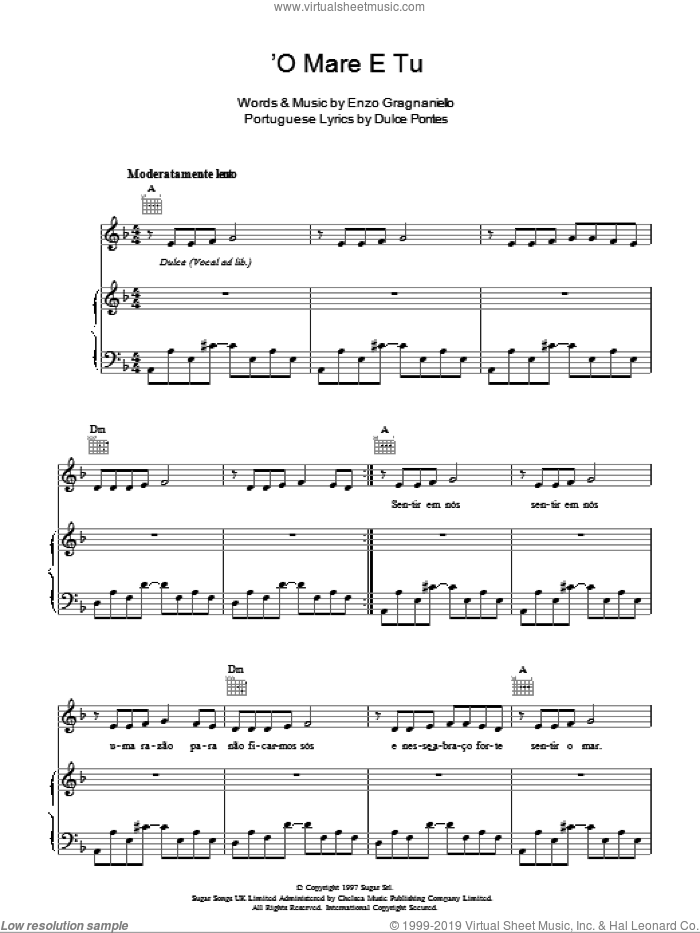 'O Mare E Tu sheet music for voice, piano or guitar by Andrea Bocelli, Dulce Pontes and Enzo Gragnaniello, classical score, intermediate skill level