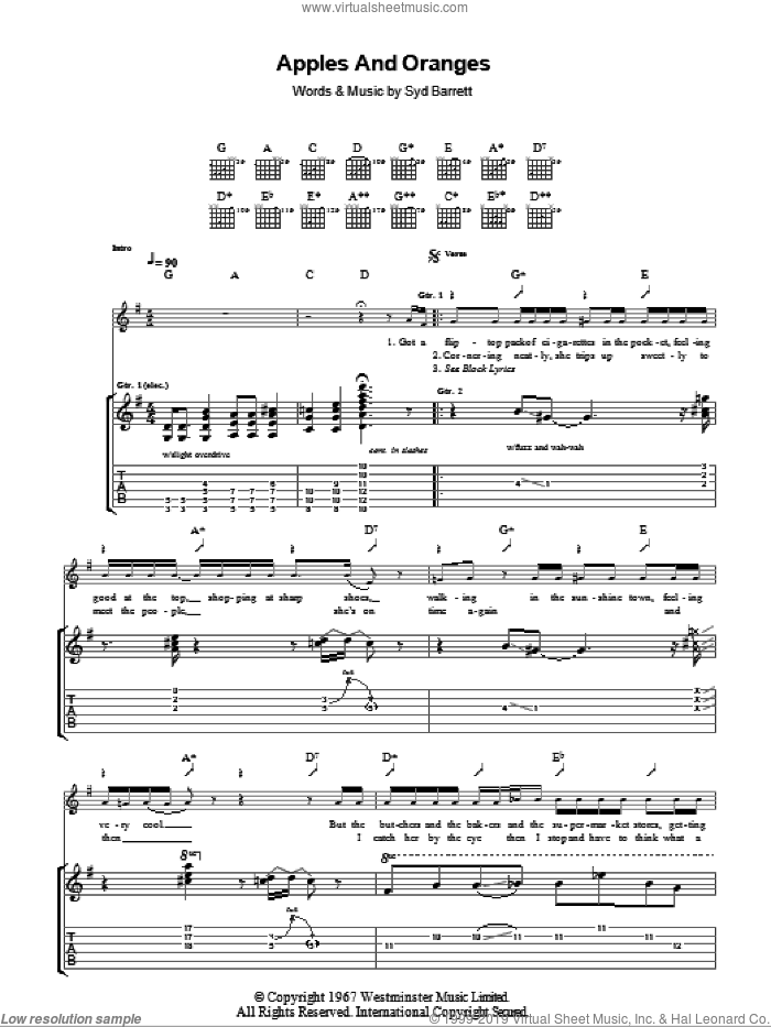 Apples And Oranges sheet music for guitar (tablature) by Pink Floyd and Syd Barrett, intermediate skill level