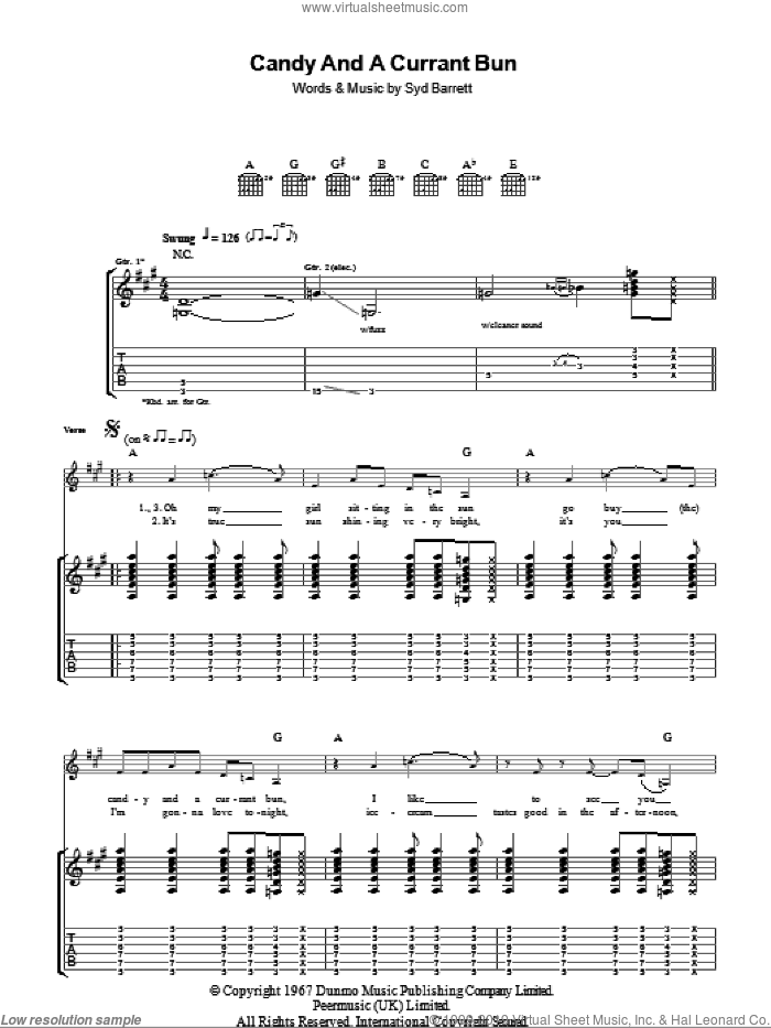 Candy And A Currant Bun sheet music for guitar (tablature) by Pink Floyd and Syd Barrett, intermediate skill level