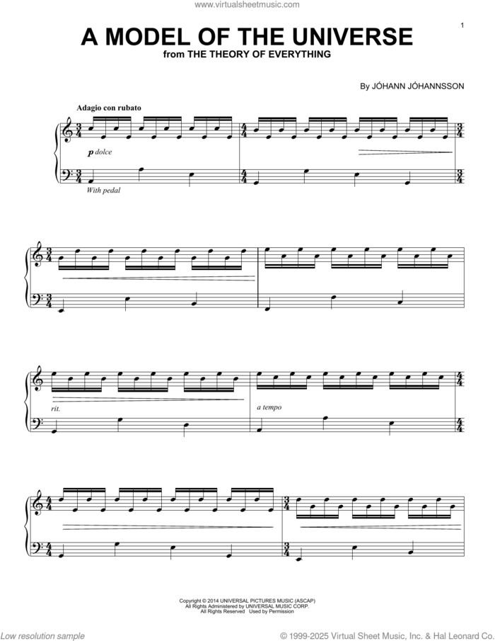 A Model Of The Universe (from The Theory Of Everything), (easy) sheet music for piano solo by Johann Johannsson, classical score, easy skill level