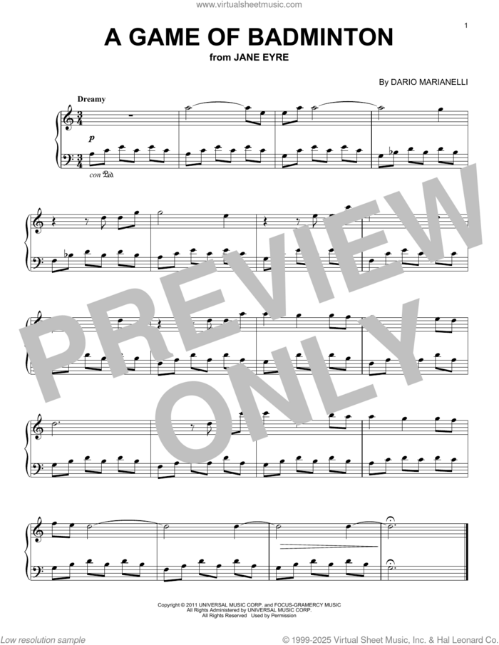 A Game Of Badminton (from Jane Eyre), (easy) sheet music for piano solo by Dario Marianelli, classical score, easy skill level