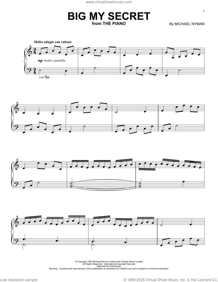 Big My Secret (from The Piano) sheet music for piano solo by Michael Nyman, easy skill level