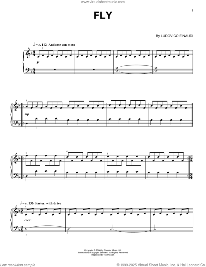 Fly, (easy) sheet music for piano solo by Ludovico Einaudi, classical score, easy skill level