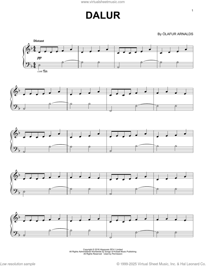 Dalur, (easy) sheet music for piano solo by Olafur Arnalds, classical score, easy skill level