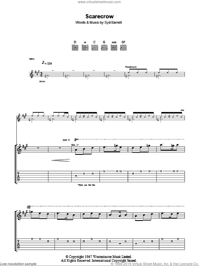 Scarecrow sheet music for guitar (tablature) by Pink Floyd and Syd Barrett, intermediate skill level