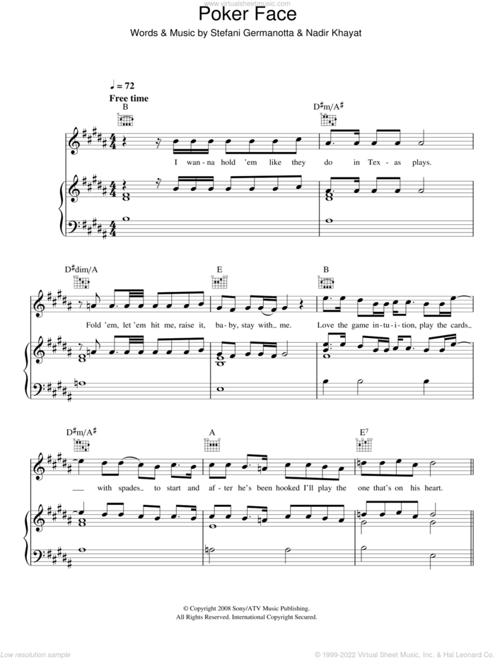 Poker Face sheet music for voice, piano or guitar by Glee Cast, Lady GaGa, Miscellaneous, Lady Gaga and Nadir Khayat, intermediate skill level