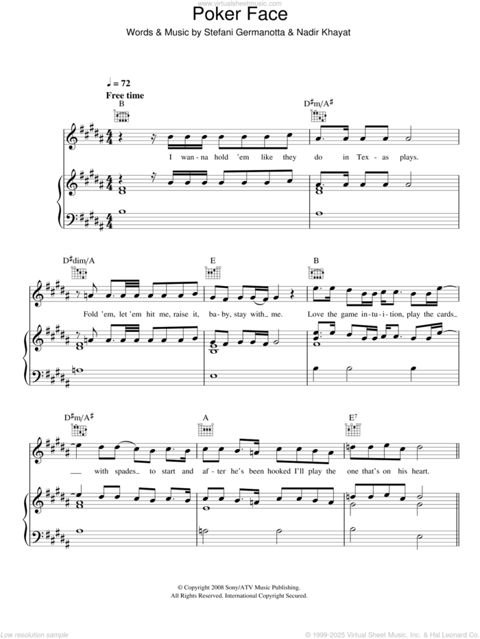 Poker Face sheet music for voice, piano or guitar by Glee Cast, Lady GaGa, Miscellaneous, Lady Gaga and Nadir Khayat, intermediate skill level