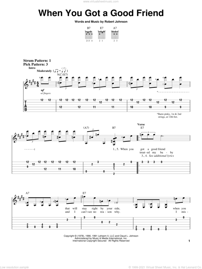 When You Got A Good Friend sheet music for guitar solo (easy tablature) by Robert Johnson, easy guitar (easy tablature)