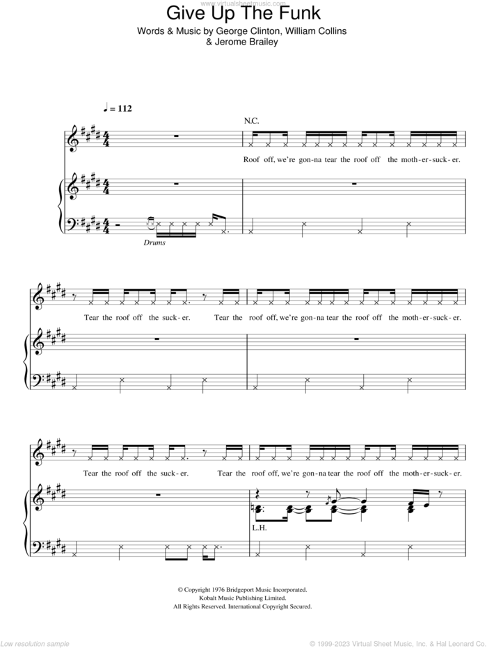 Give Up The Funk sheet music for voice, piano or guitar by Glee Cast, Miscellaneous, Parliament, George Clinton, Jerome Brailey and William Collins, intermediate skill level