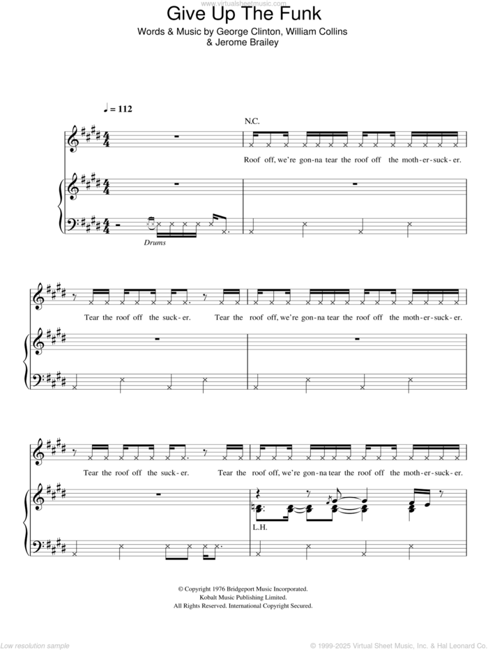 Give Up The Funk sheet music for voice, piano or guitar by Glee Cast, Miscellaneous, Parliament, George Clinton, Jerome Brailey and William Collins, intermediate skill level