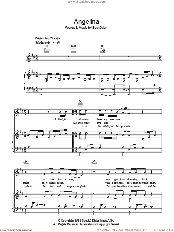 Angelina sheet music for voice, piano or guitar by Bob Dylan, intermediate skill level
