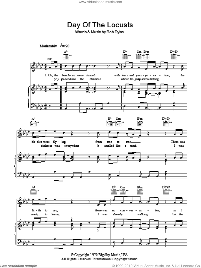 Day Of The Locusts sheet music for voice, piano or guitar by Bob Dylan, intermediate skill level