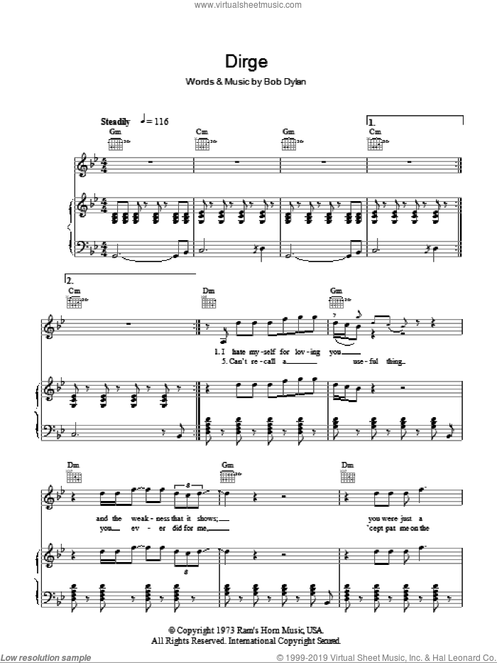 Dirge sheet music for voice, piano or guitar by Bob Dylan, intermediate skill level
