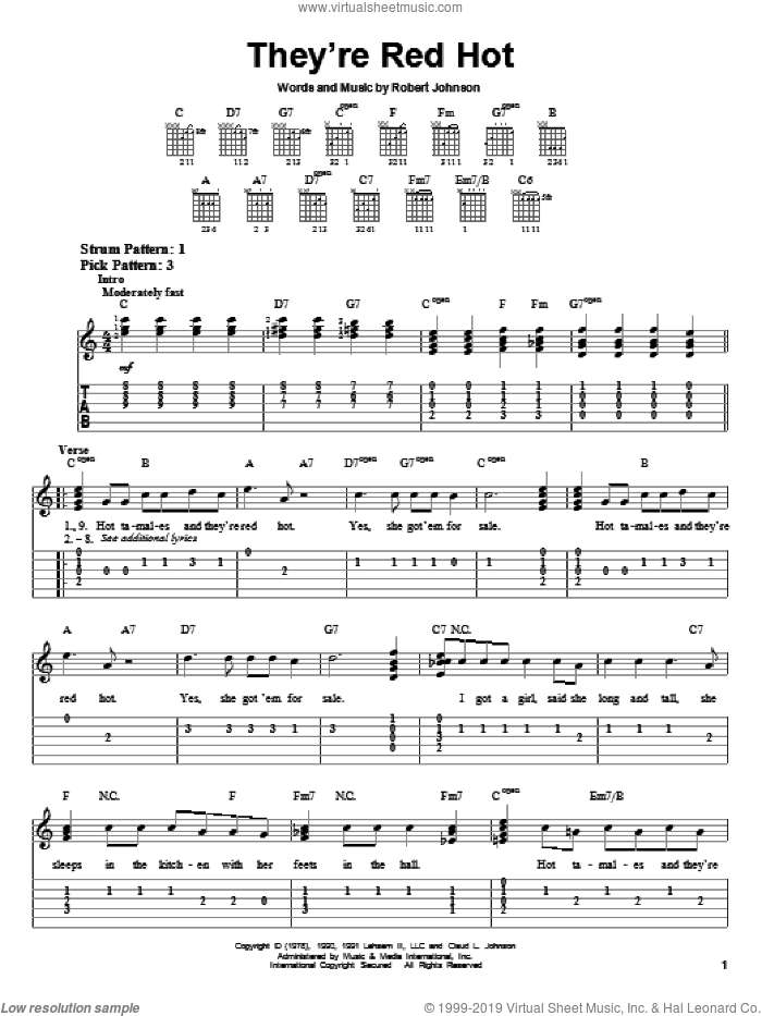 They're Red Hot sheet music for guitar solo (easy tablature) by Robert Johnson and Red Hot Chili Peppers, easy guitar (easy tablature)