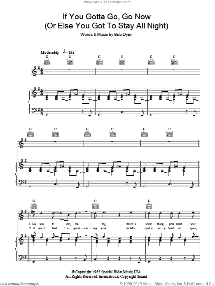 If You Gotta Go, Go Now sheet music for voice, piano or guitar by Bob Dylan, intermediate skill level