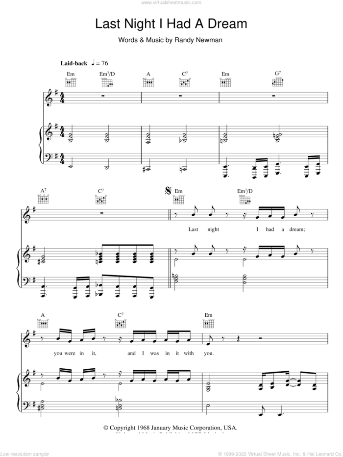 Last Night I Had A Dream sheet music for voice, piano or guitar by Randy Newman, intermediate skill level