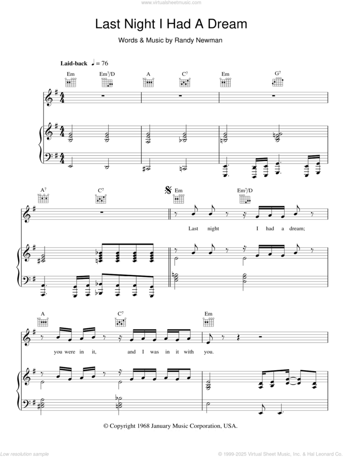 Last Night I Had A Dream sheet music for voice, piano or guitar by Randy Newman, intermediate skill level