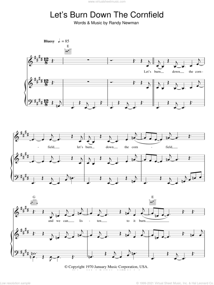 Let's Burn Down The Cornfield sheet music for voice, piano or guitar by Randy Newman, intermediate skill level