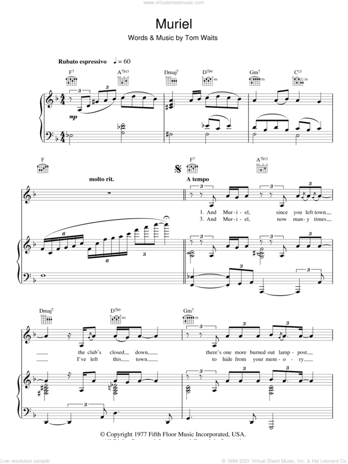 Muriel sheet music for voice, piano or guitar by Tom Waits, intermediate skill level