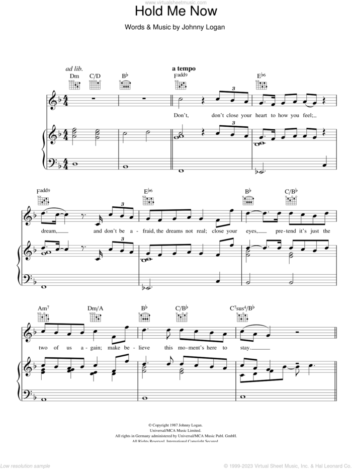 Hold Me Now sheet music for voice, piano or guitar by Johnny Logan, intermediate skill level