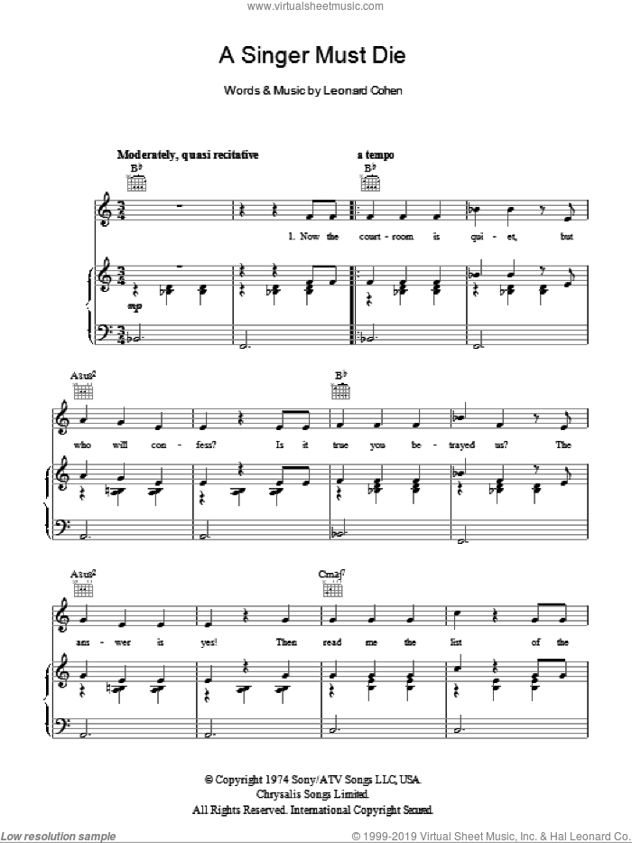 A Singer Must Die sheet music for voice, piano or guitar by Leonard Cohen, intermediate skill level