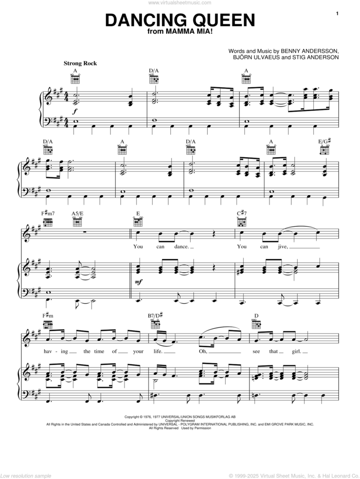 Dancing Queen sheet music for voice, piano or guitar by ABBA, Mamma Mia! (Movie), Mamma Mia! (Musical), Benny Andersson, Bjorn Ulvaeus and Stig Anderson, intermediate skill level