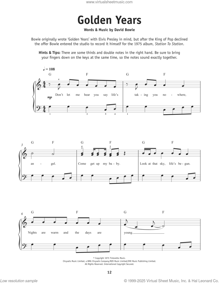 Golden Years sheet music for piano solo by David Bowie, beginner skill level