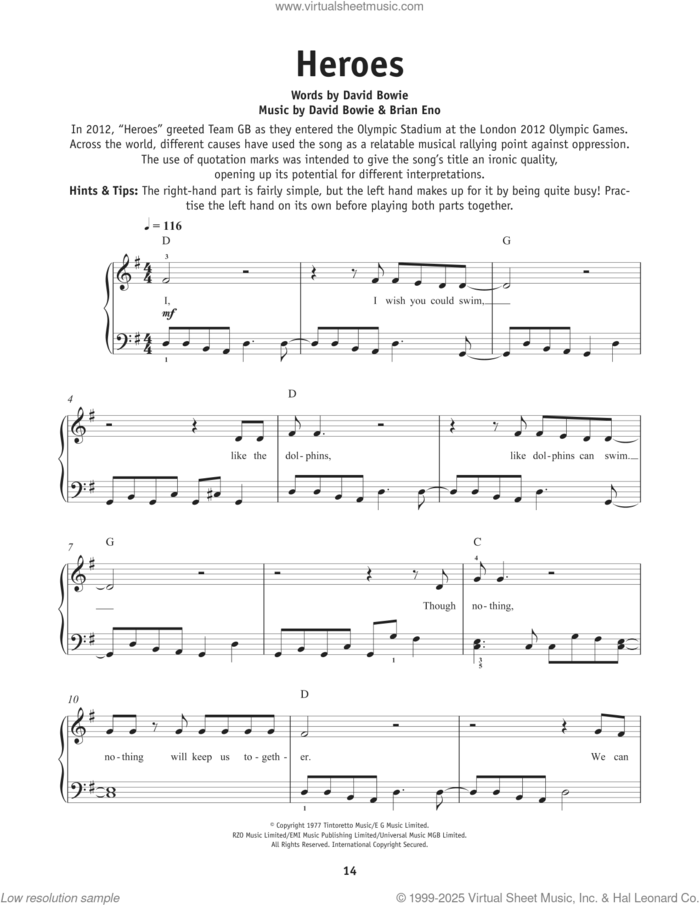 Heroes sheet music for piano solo by David Bowie and Brian Eno, beginner skill level