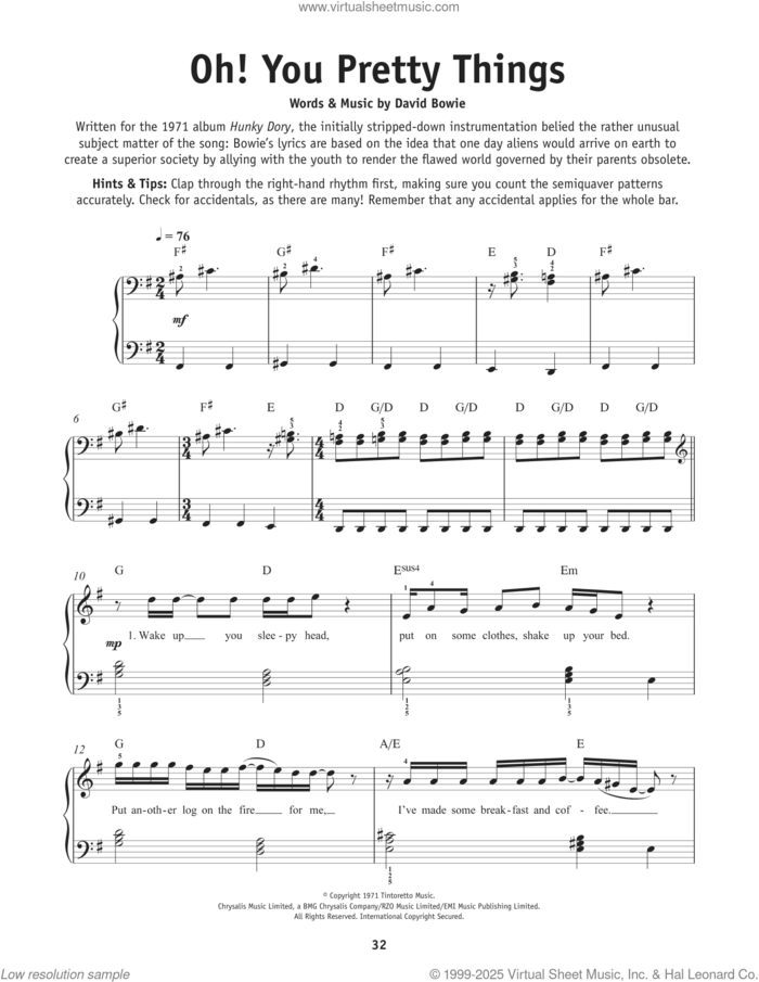 Oh You Pretty Things sheet music for piano solo by David Bowie, beginner skill level