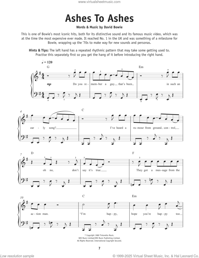 Ashes To Ashes sheet music for piano solo by David Bowie, beginner skill level