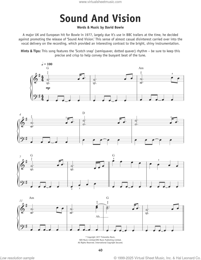 Sound And Vision sheet music for piano solo by David Bowie, beginner skill level