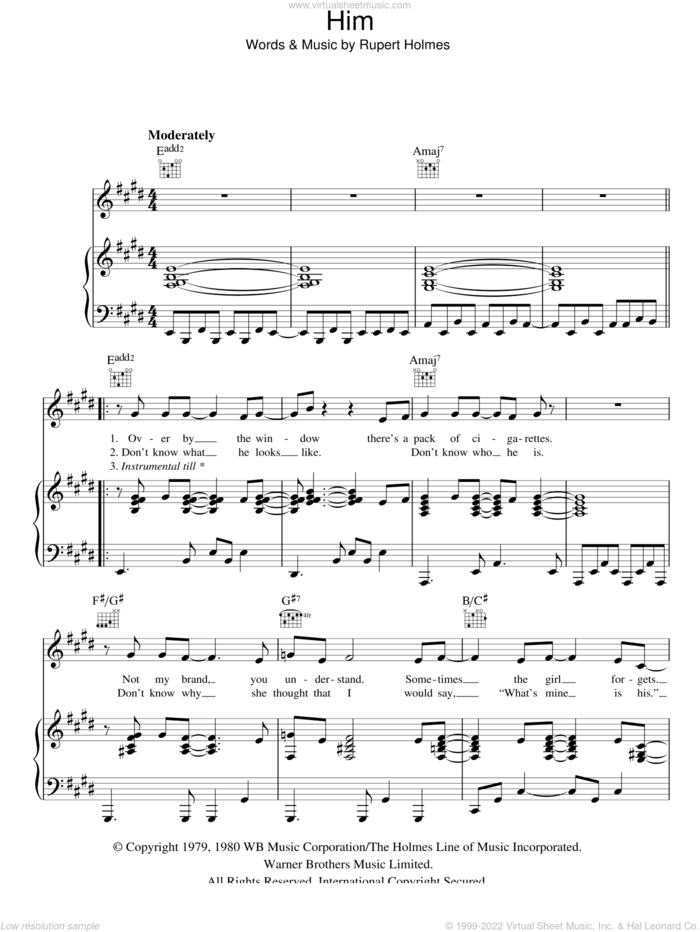 Him sheet music for voice, piano or guitar by Rupert Holmes, intermediate skill level