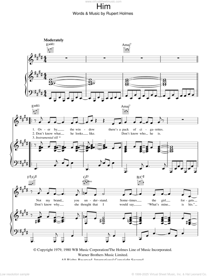 Him sheet music for voice, piano or guitar by Rupert Holmes, intermediate skill level