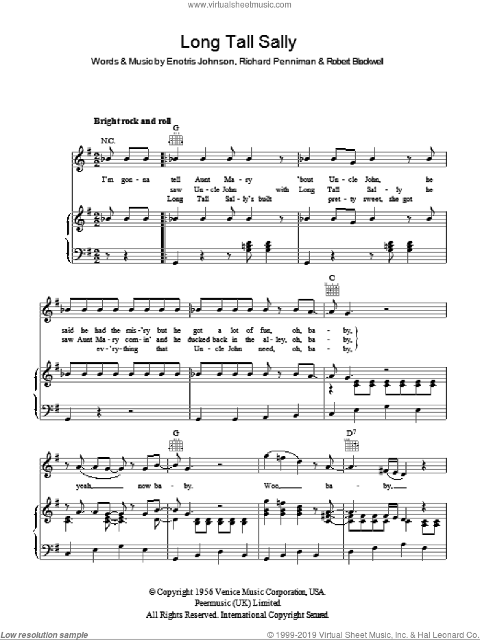 Long Tall Sally sheet music for voice, piano or guitar by Little Richard, Enotris Johnson, Richard Penniman and Robert Blackwell, intermediate skill level