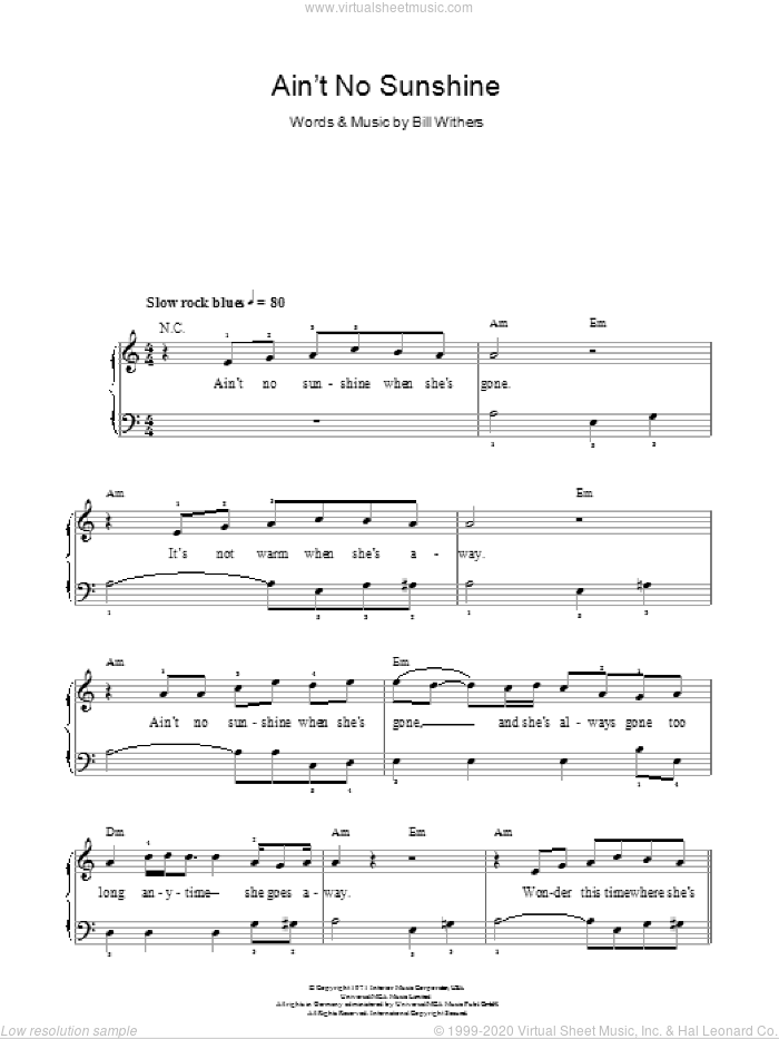Ain't No Sunshine sheet music for piano solo by Bill Withers, easy skill level