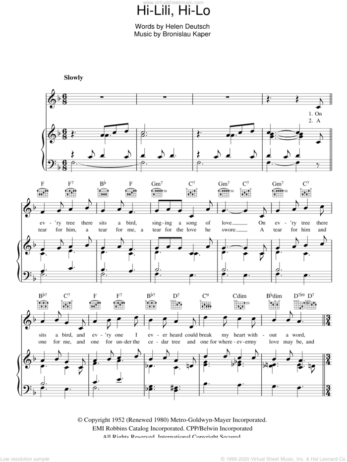 Hi-Lili, Hi-Lo sheet music for voice, piano or guitar by Leslie Caron, Bronislau Kaper and Helen Deutsch, intermediate skill level