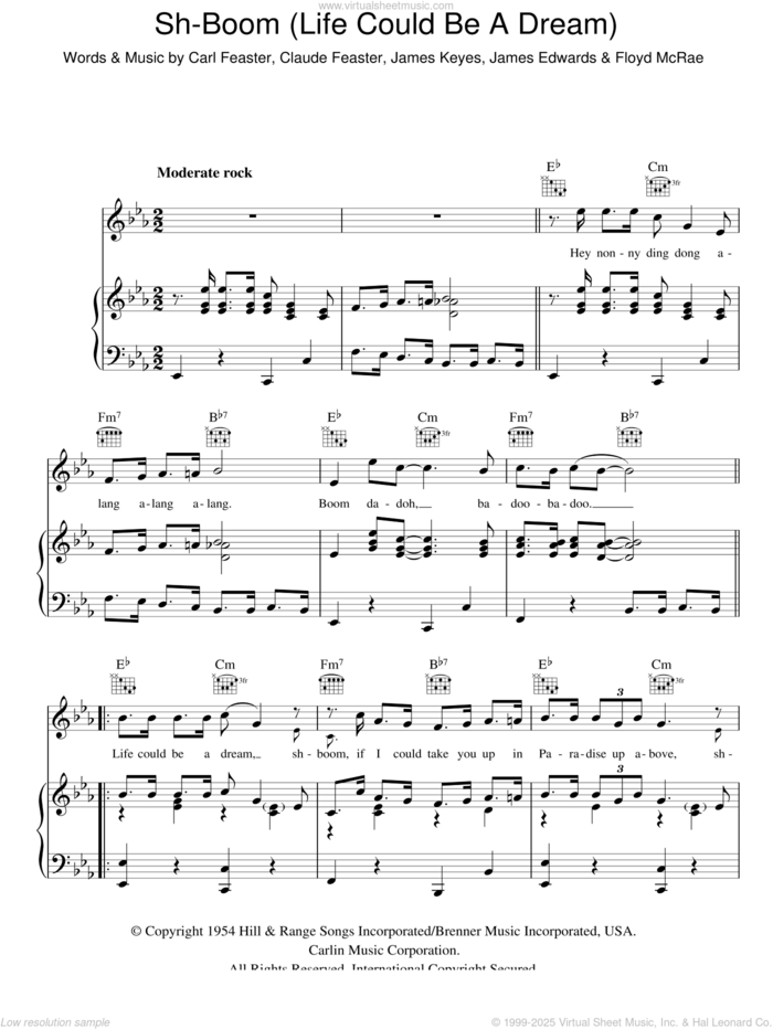 Sh-boom (Life Could Be A Dream) sheet music for voice, piano or guitar by The Crew Cuts, Carl Feaster, Claude Feaster, Floyd McRae, James Edwards and James Keyes, intermediate skill level