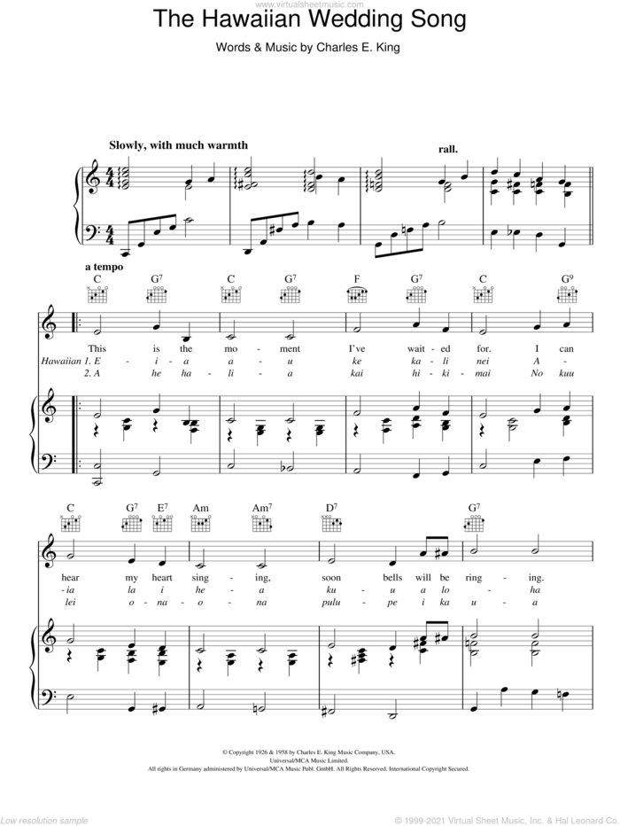 The Hawaiian Wedding Song sheet music for voice, piano or guitar by Julie Rogers and Charles E. King, intermediate skill level