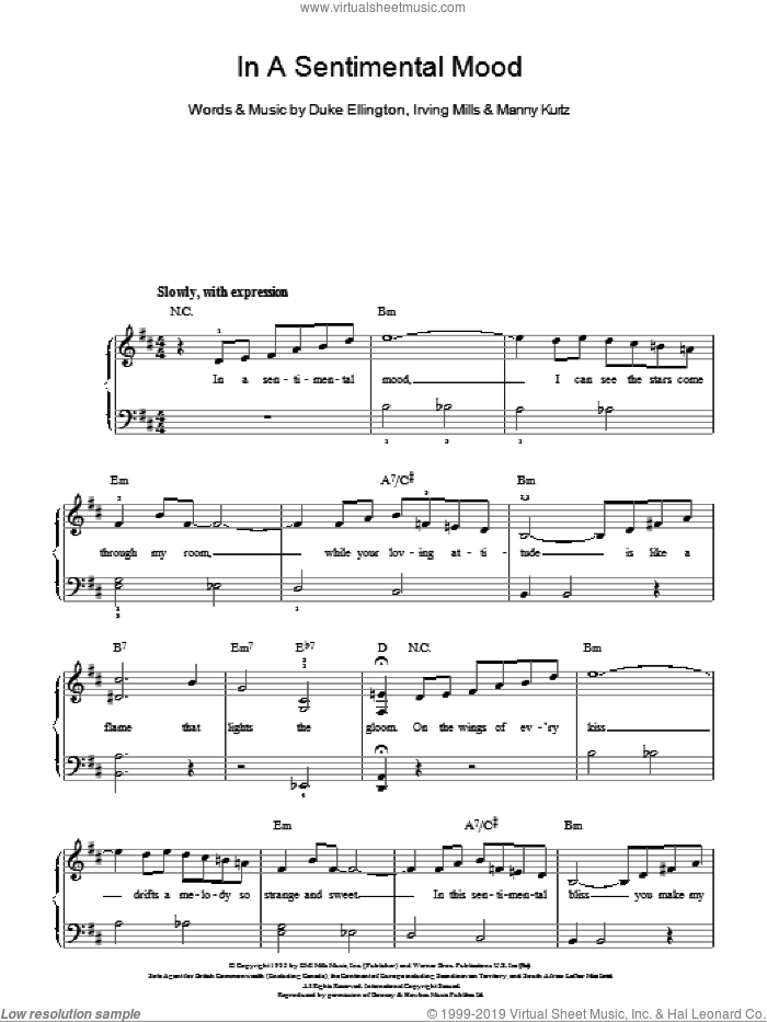 In A Sentimental Mood sheet music for piano solo by Duke Ellington, Irving Mills and Manny Kurtz, easy skill level