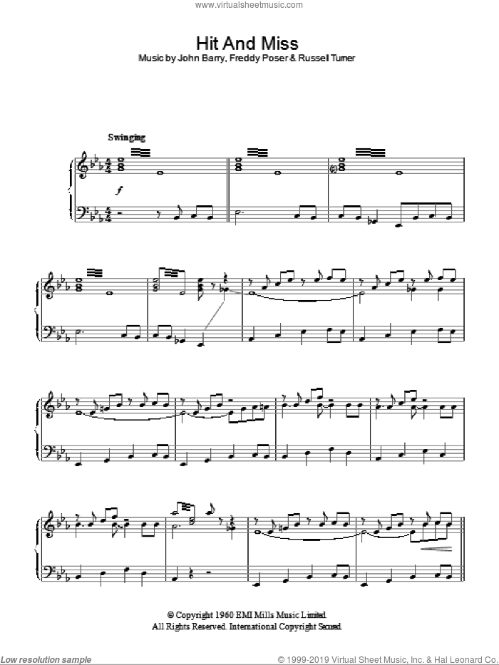 Hit And Miss sheet music for piano solo by The John Barry Seven, Freddy Poser, John Barry and Russell Turner, intermediate skill level