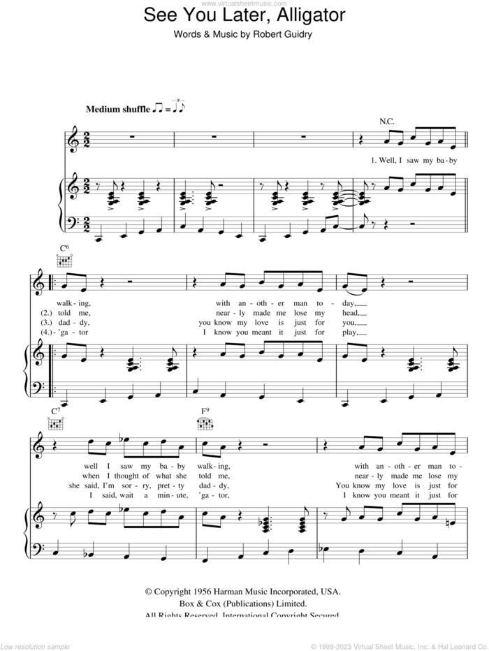 See You Later, Alligator sheet music for voice, piano or guitar by Bill Haley and Robert Guidry, intermediate skill level
