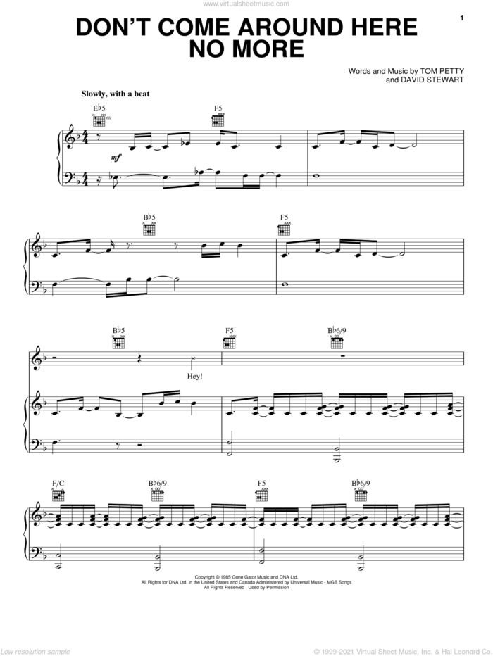 Don't Come Around Here No More sheet music for voice, piano or guitar by Tom Petty And The Heartbreakers, Dave Stewart and Tom Petty, intermediate skill level