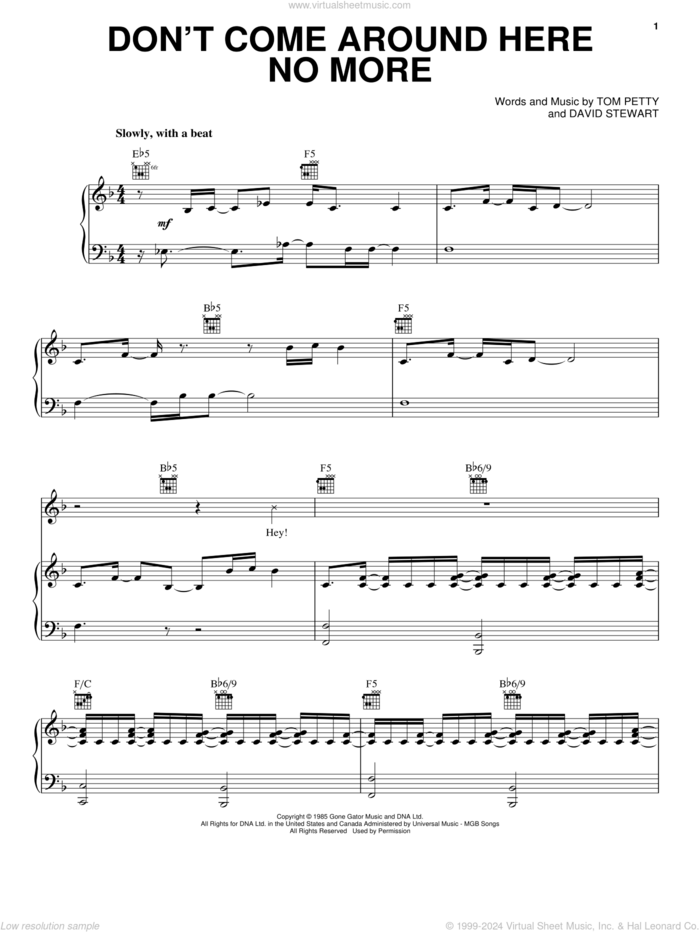 Don't Come Around Here No More sheet music for voice, piano or guitar by Tom Petty And The Heartbreakers, Dave Stewart and Tom Petty, intermediate skill level