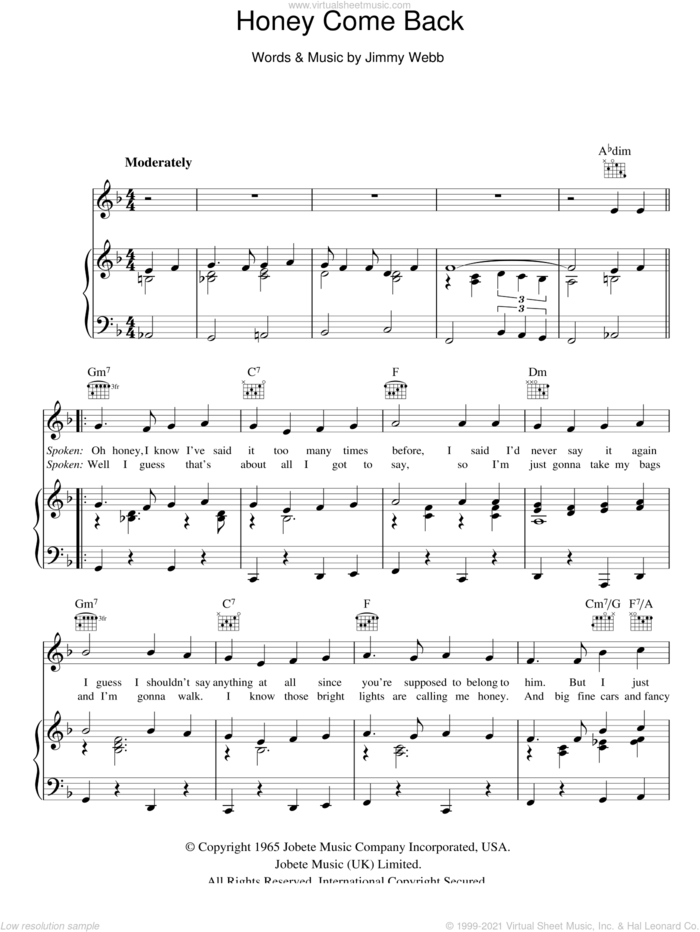 Honey Come Back sheet music for voice, piano or guitar by Glen Campbell and Jimmy Webb, intermediate skill level