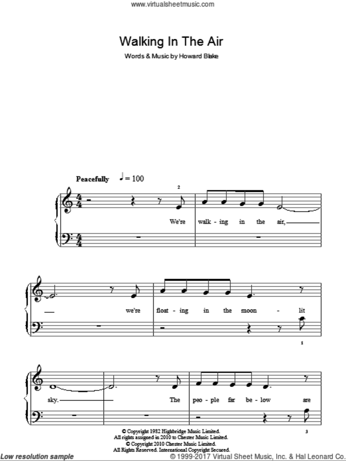 Walking In The Air (theme from The Snowman) sheet music for piano solo by Howard Blake and The Snowman (Movie), easy skill level