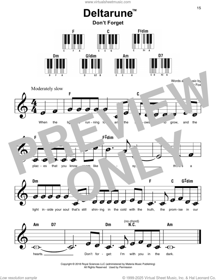 Don't Forget (from Deltarune) sheet music for piano solo by Toby Fox, beginner skill level